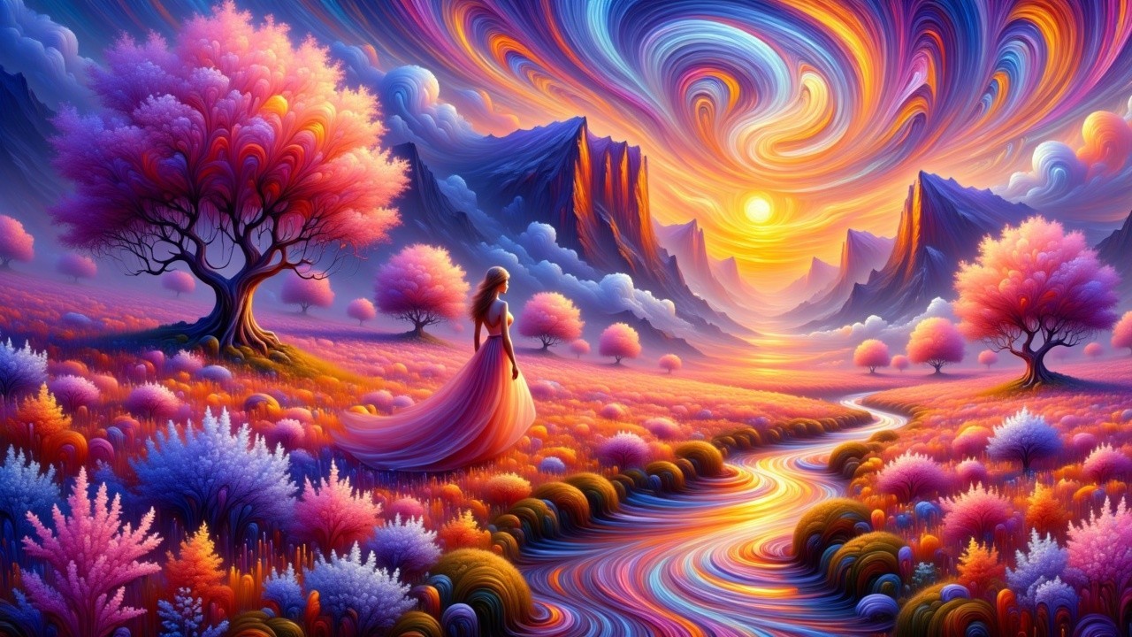 Woman in gown by shimmering stream at sunset