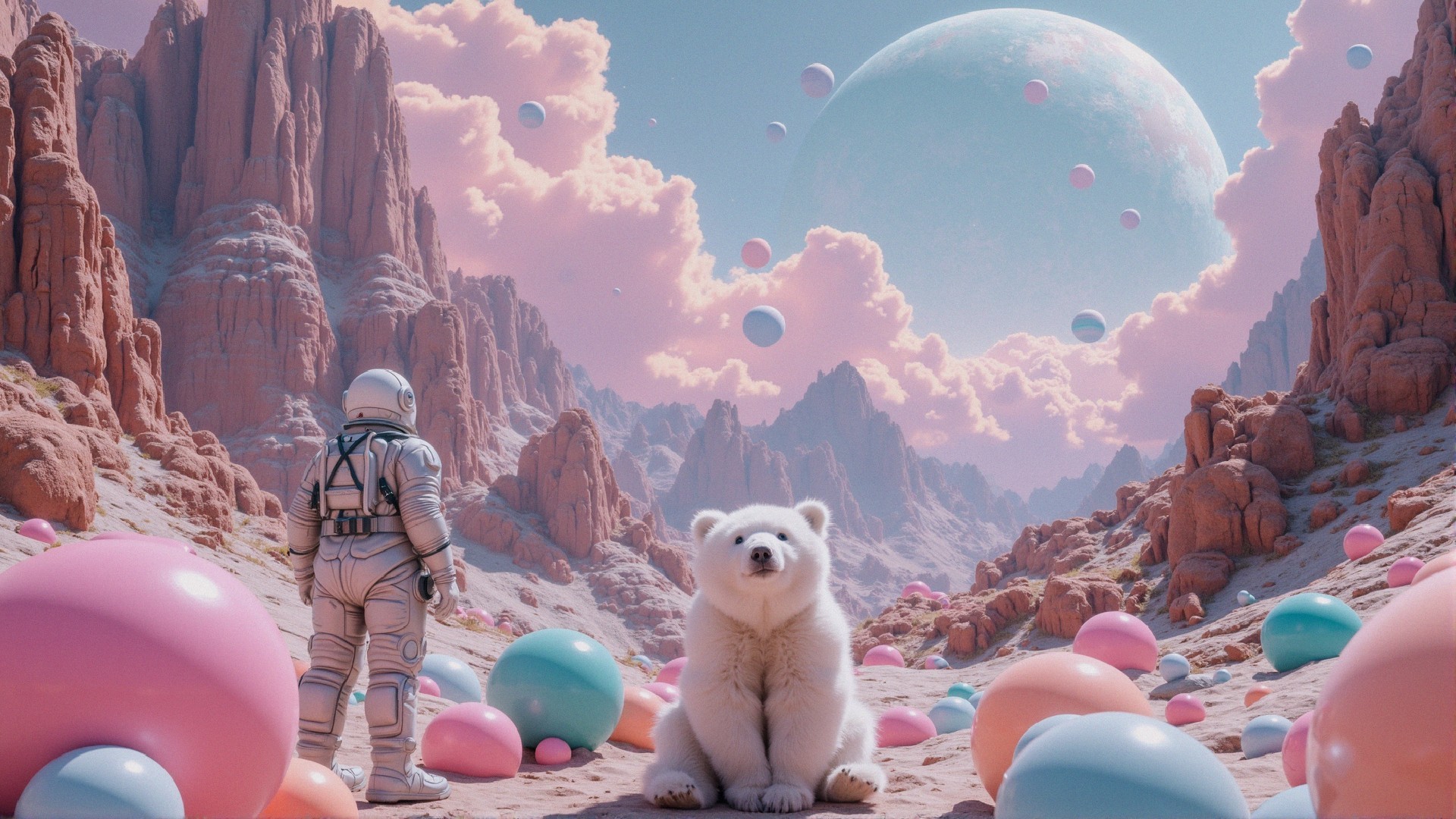 Astronaut and Polar Bear in Dreamy Alien Landscape