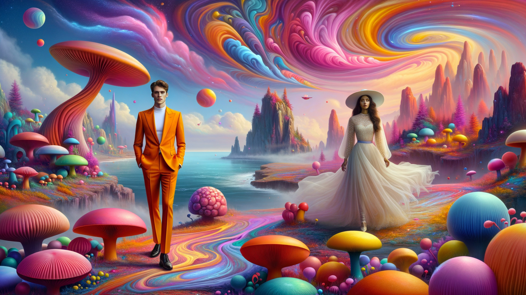 Surreal Landscape with Colorful Figures and Elements