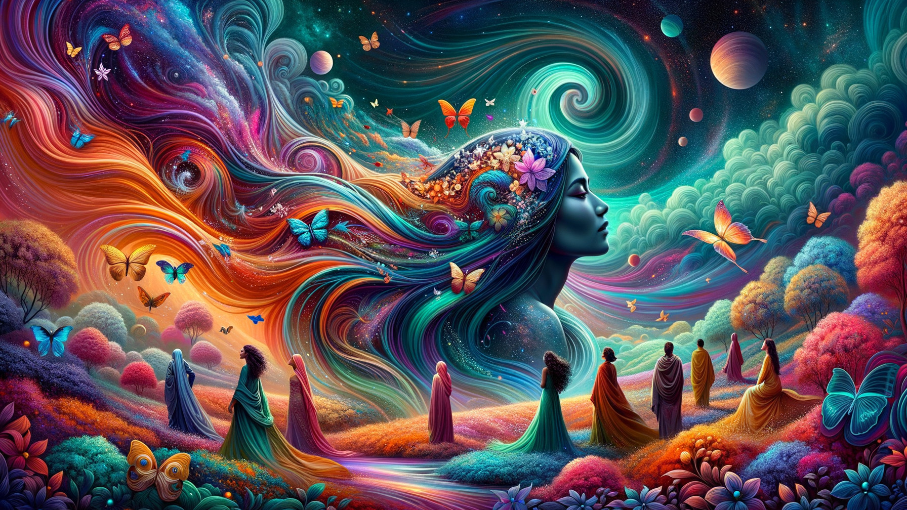 Whimsical Portrait of a Woman in a Magical Landscape