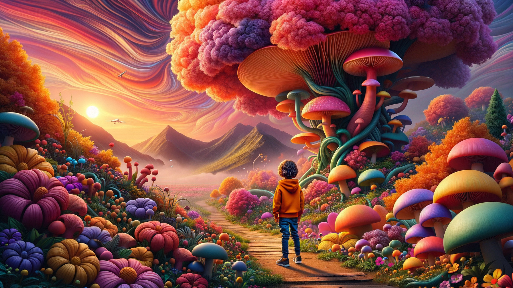 Whimsical Landscape with Oversized Mushrooms and Colorful Plants