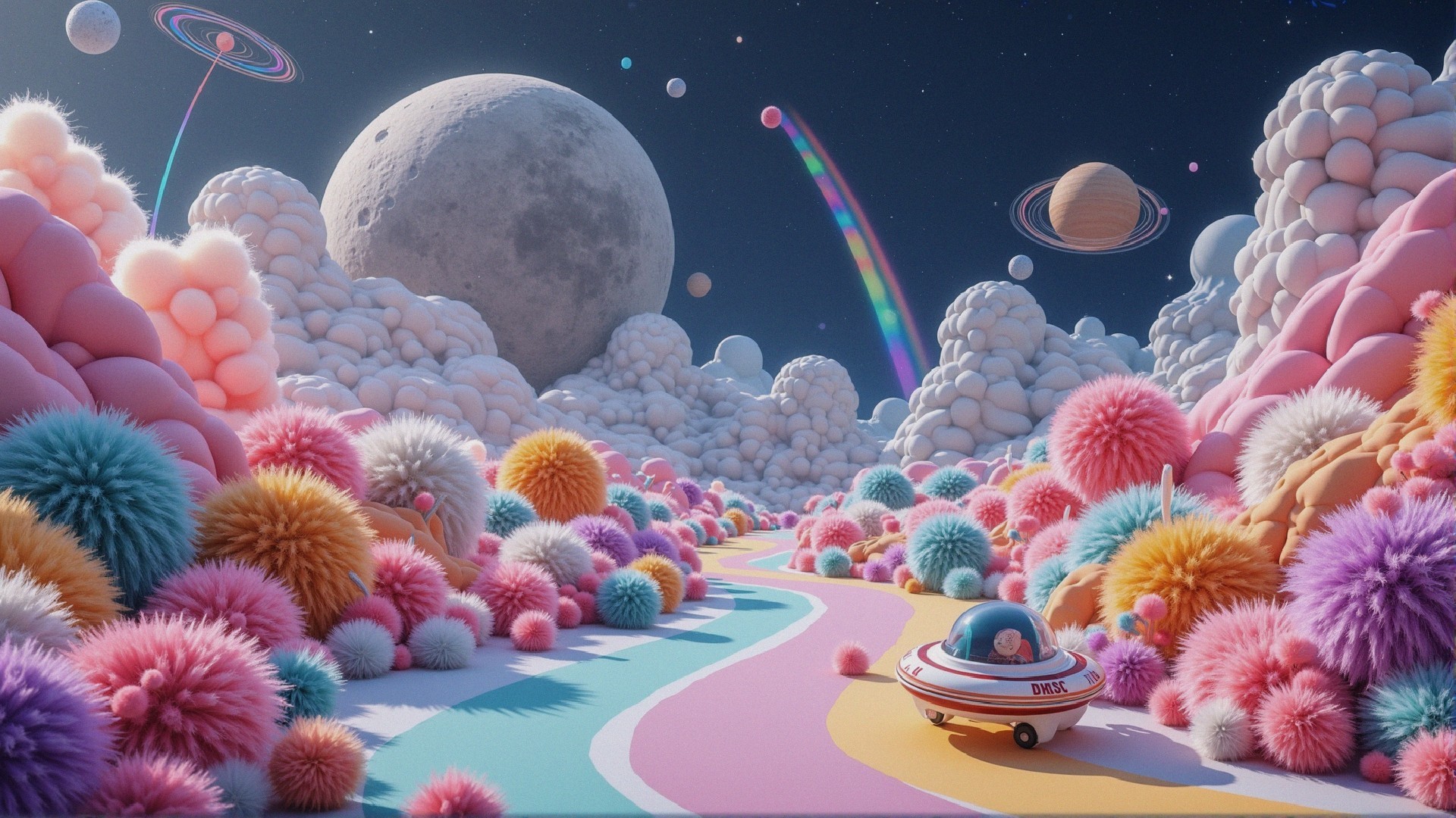 Whimsical Landscape with Colorful Clouds and Spacecraft