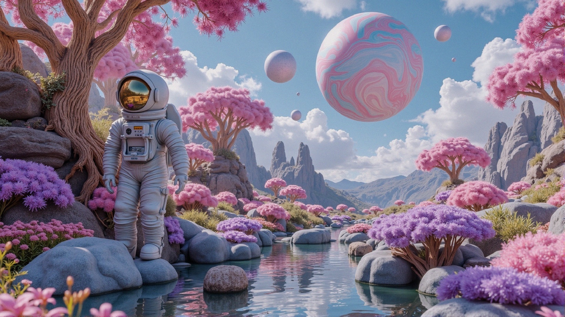 Surreal Landscape with Astronaut and Vibrant Nature