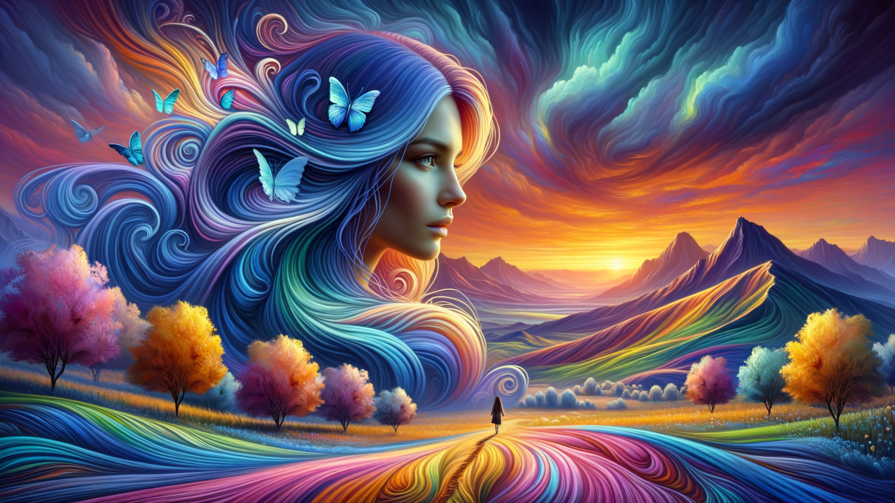 Vibrant landscape with a majestic female figure and sunset