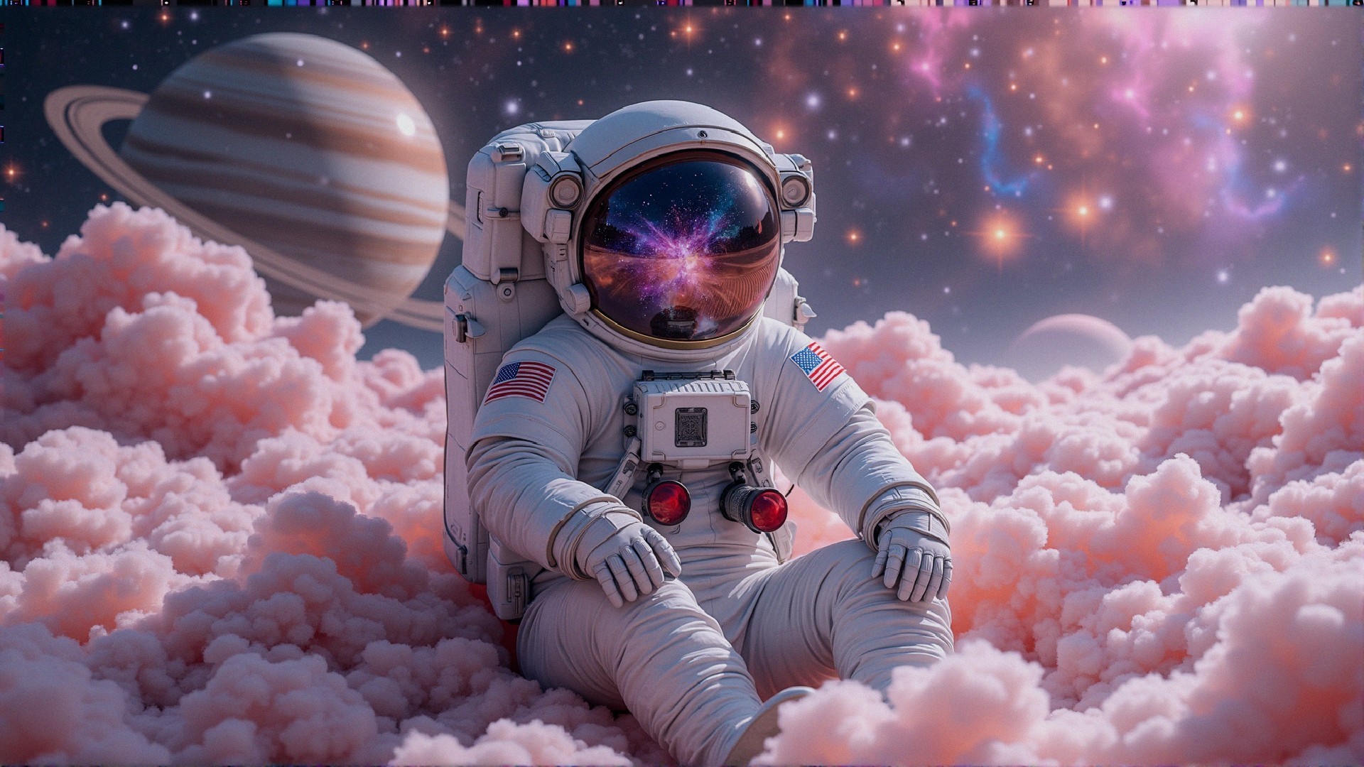 Astronaut on Cloud in Cosmic Landscape with Planet Rings