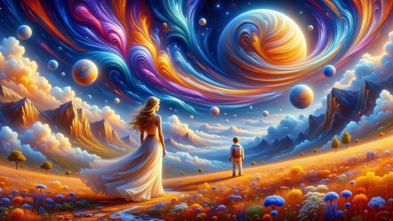 Woman and boy in cosmic landscape with colorful sky