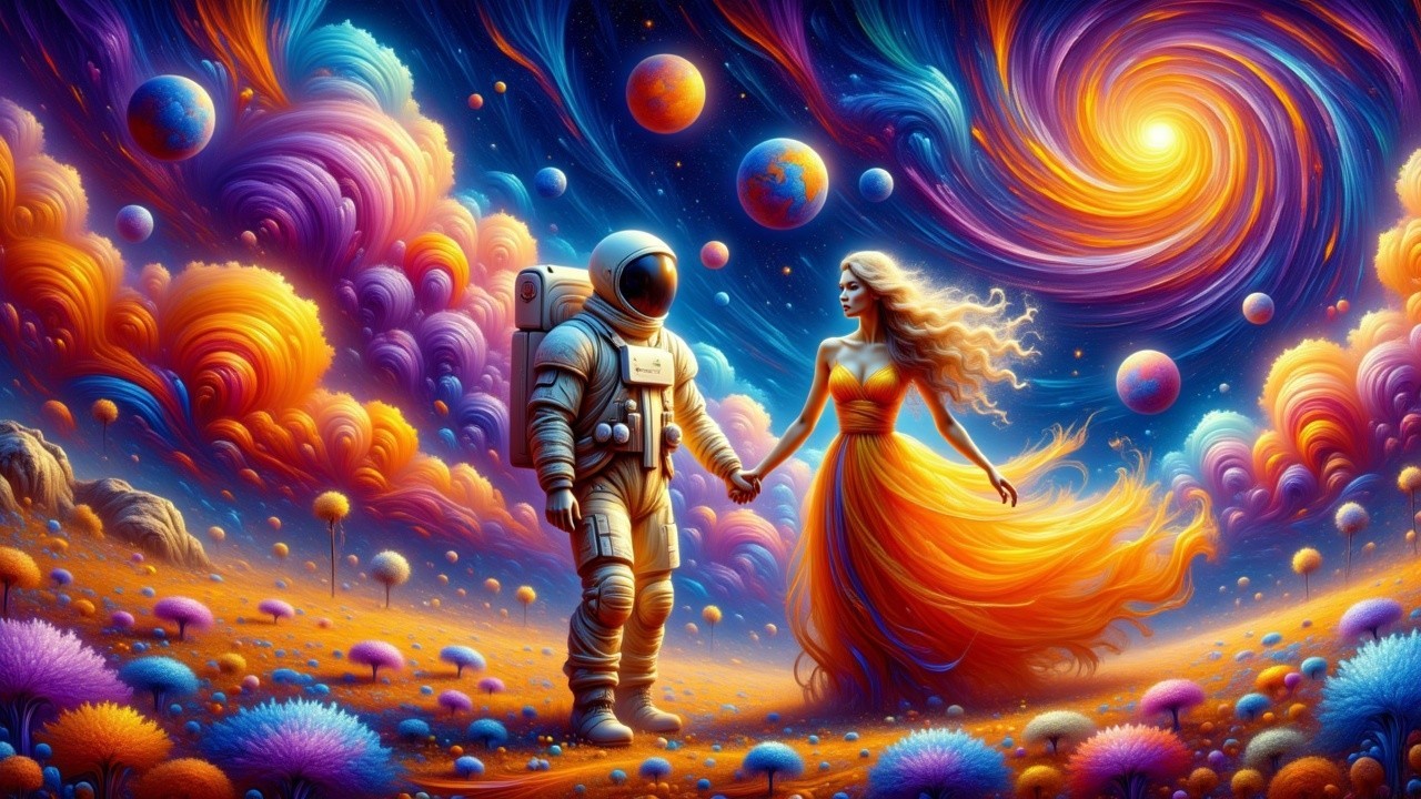 Astronaut and Figure in Cosmic Dreamlike Landscape