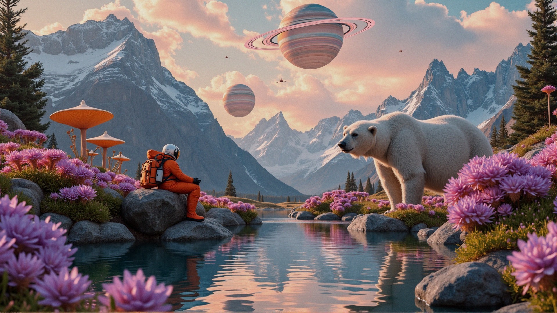 Astronaut by Crystalline River in Vibrant Landscape