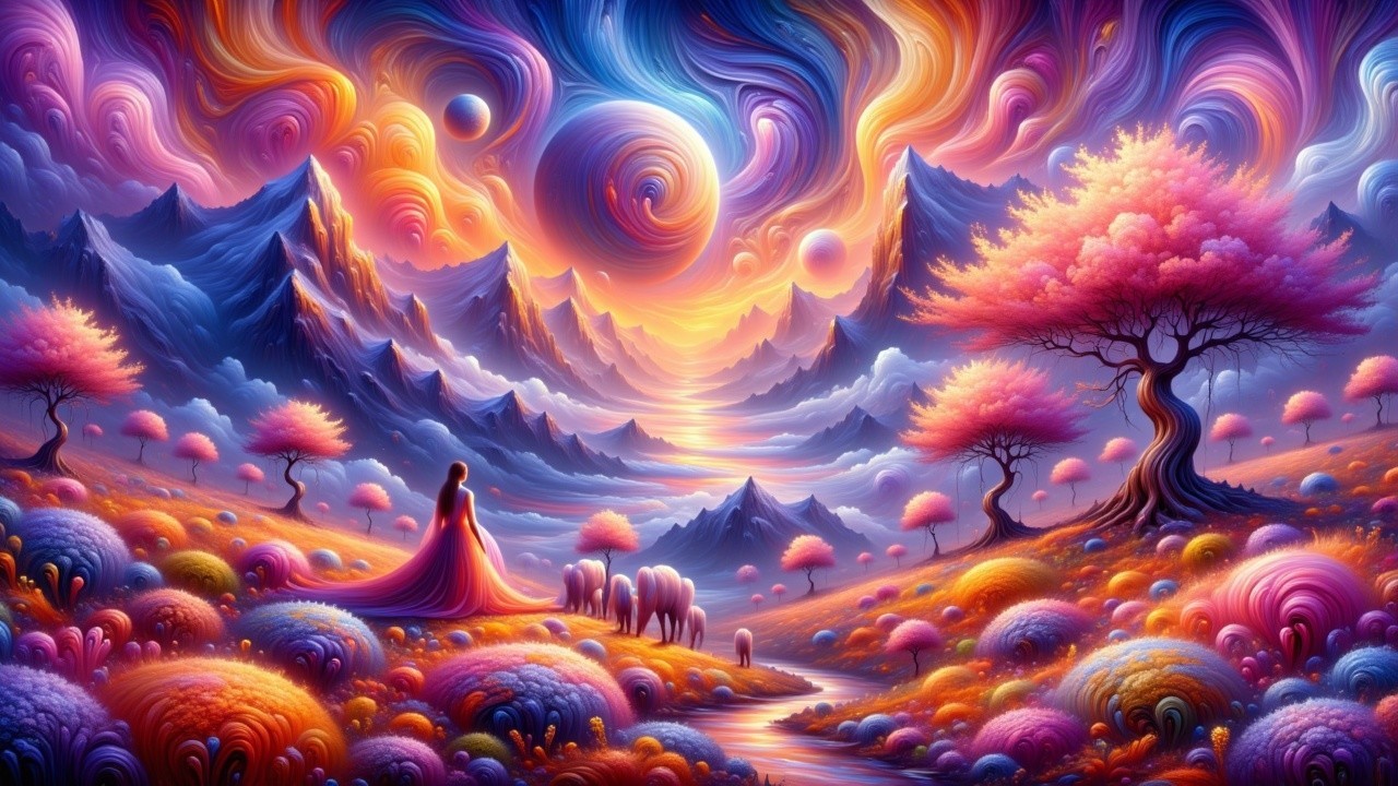 Surreal Landscape with Vibrant Colors and Serene Figure