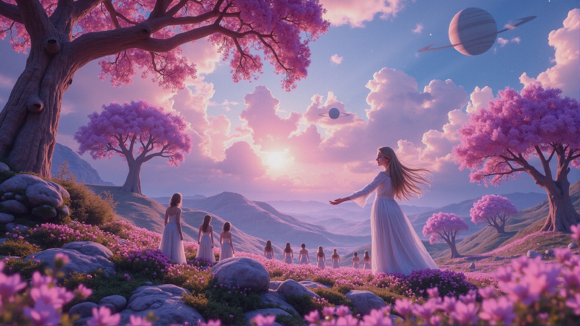 Ethereal Figures in Dreamlike Pink Flower Meadow