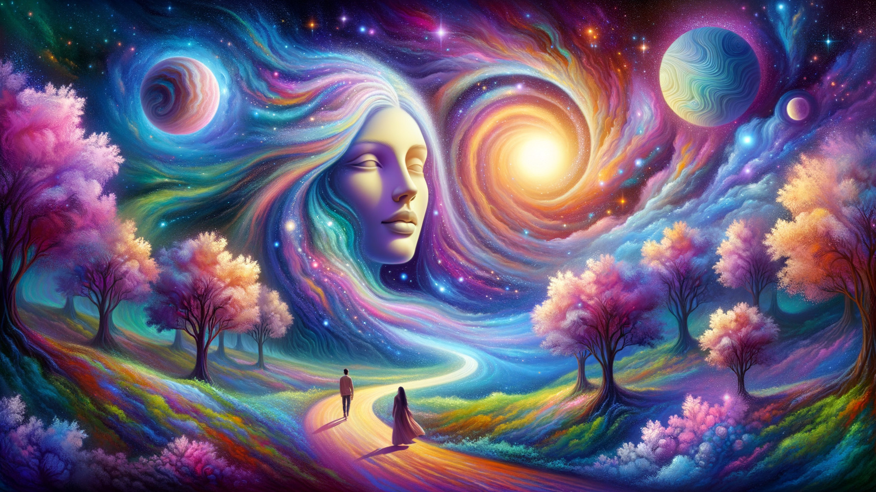 Surreal Landscape with Cosmic Elements and Figures