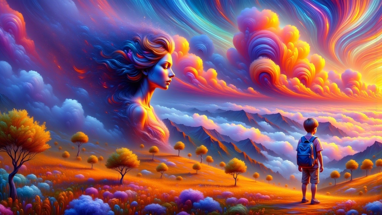Boy in Vibrant Landscape with Surreal Woman Figure