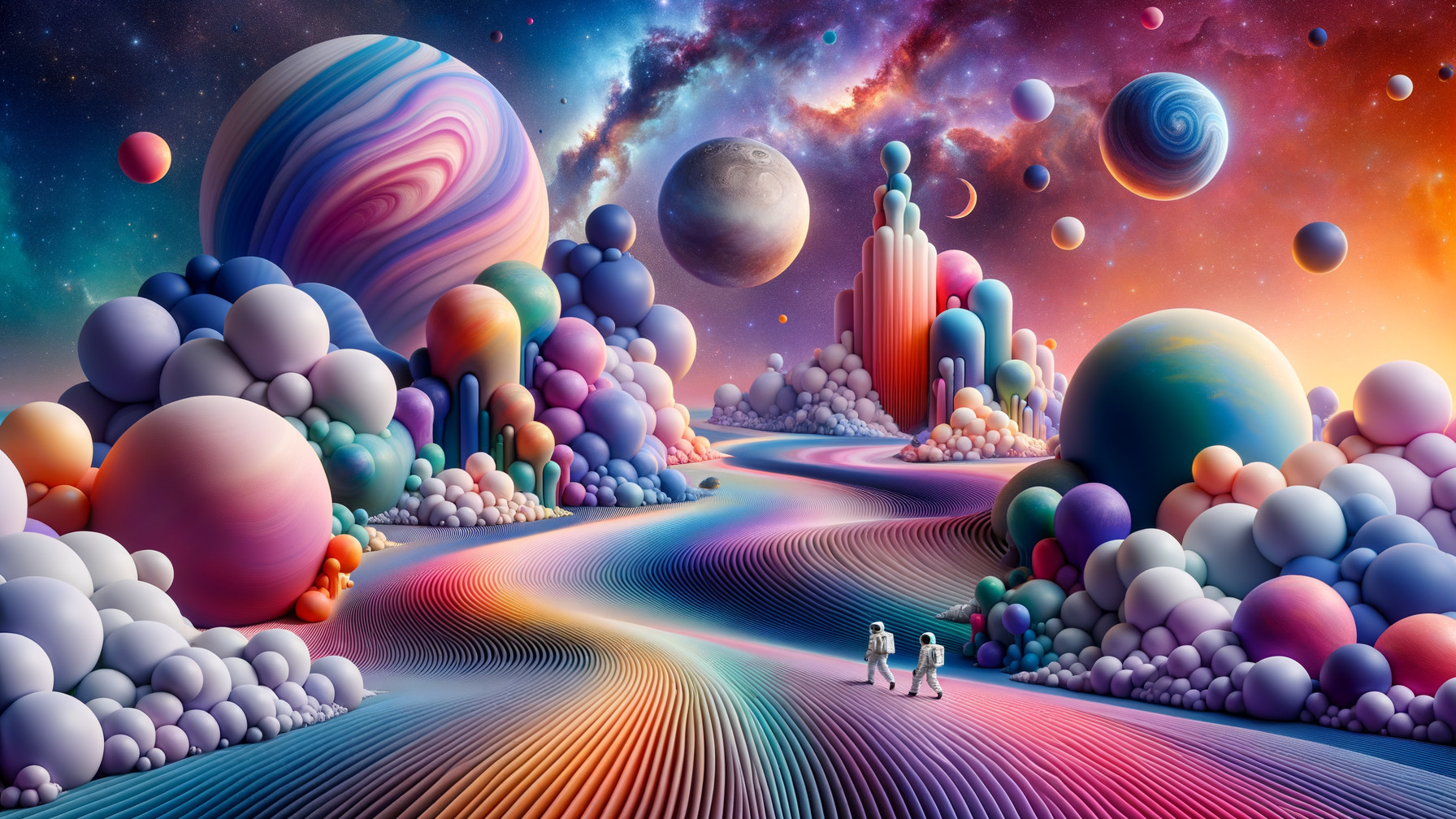 Astronauts in a Colorful Cosmic Landscape with Spheres