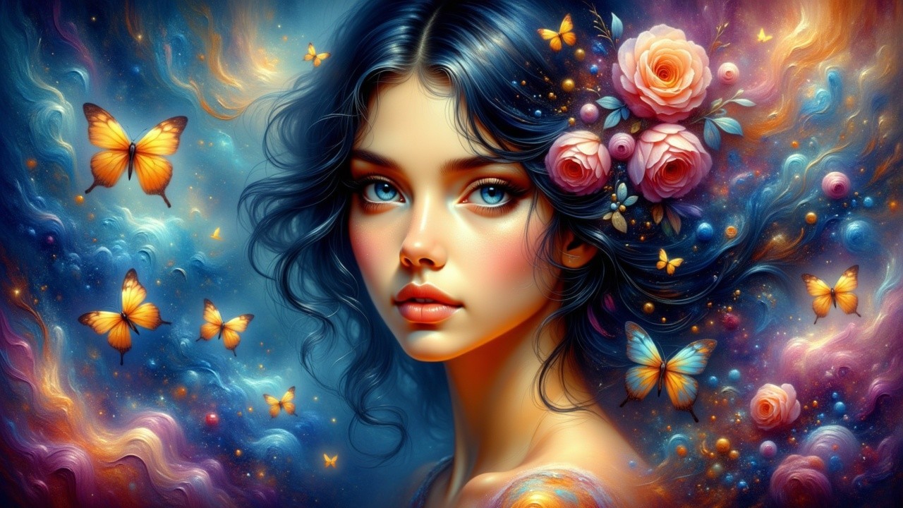 Portrait of a Young Woman with Blue Eyes and Roses