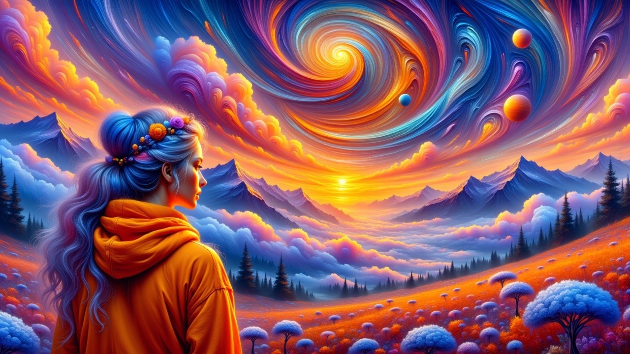Serene figure gazing at a vibrant galaxy sunset