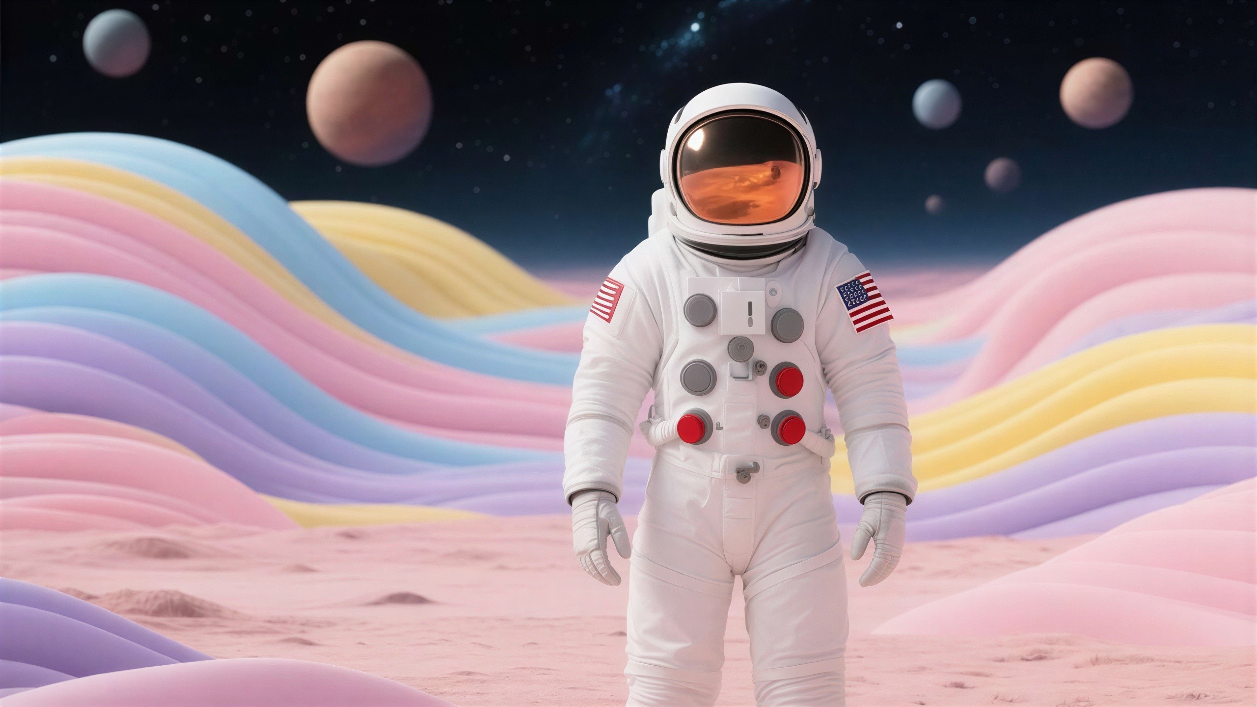 Astronaut on Pink Sandy Planet with Colorful Hills