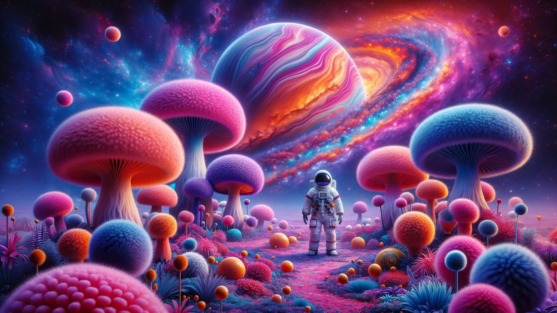 Astronaut in a Colorful, Surreal Mushroom Landscape