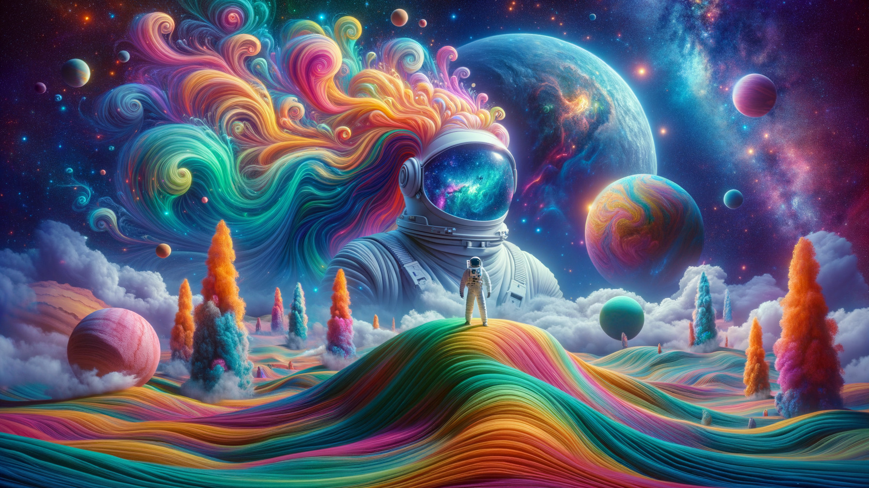 Surreal Cosmic Landscape with Colorful Astronaut