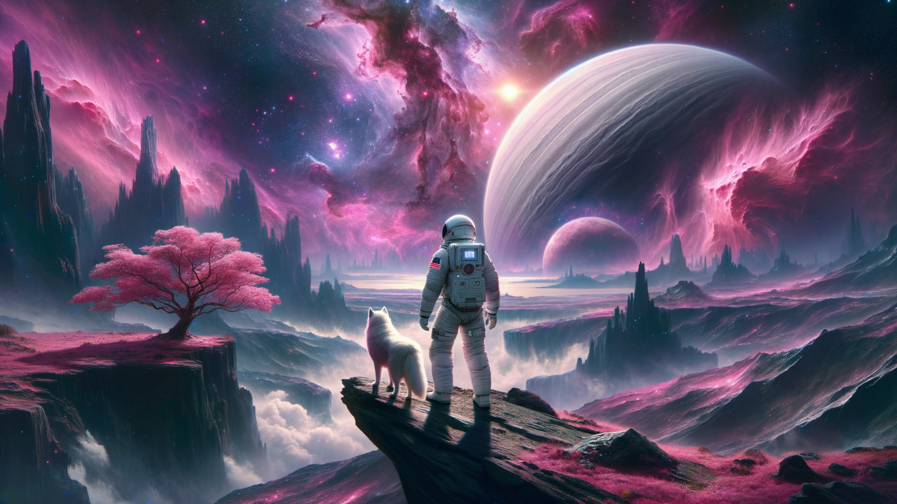 Astronaut and Wolf Against Cosmic Landscape and Nebulae