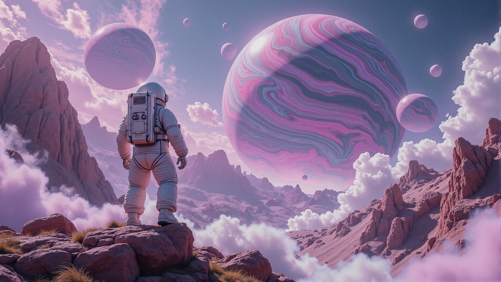 Astronaut in a surreal alien landscape with colorful sky