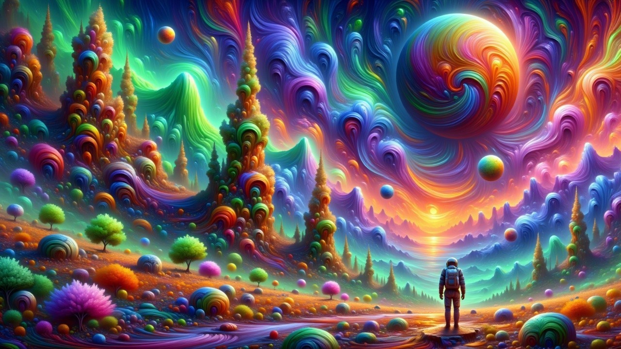 Surreal Landscape with Vibrant Colors and Patterns