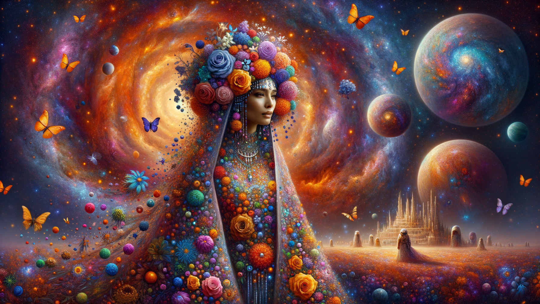 Cosmic Scene with Serene Figure in Floral Headdress