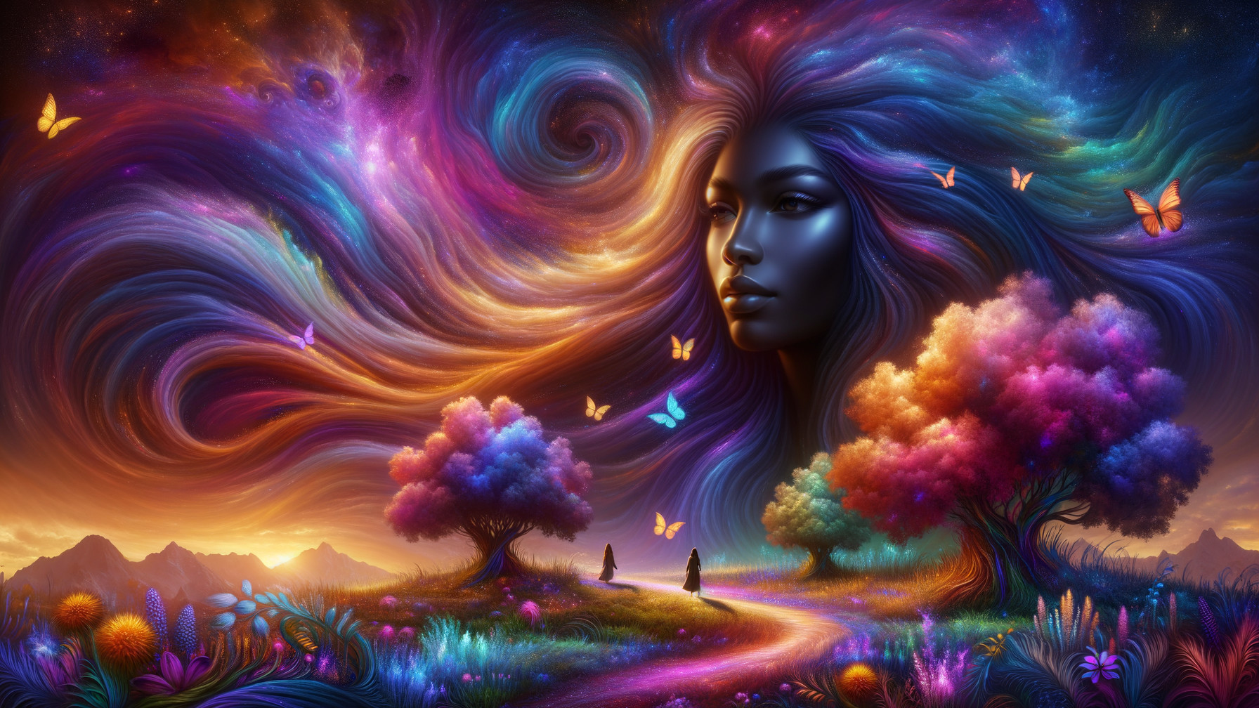 Celestial Landscape with Cosmic Energy and Silhouettes