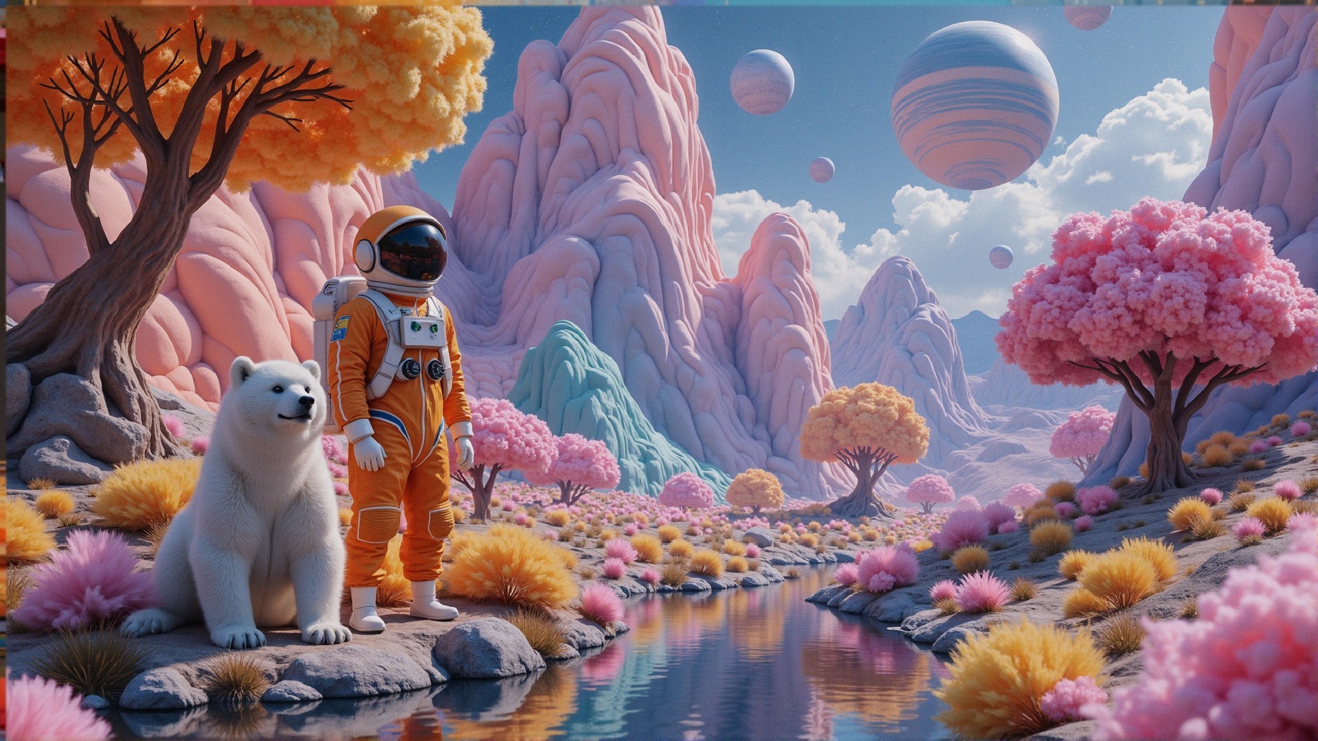 Astronaut and Polar Bear in a Surreal Landscape