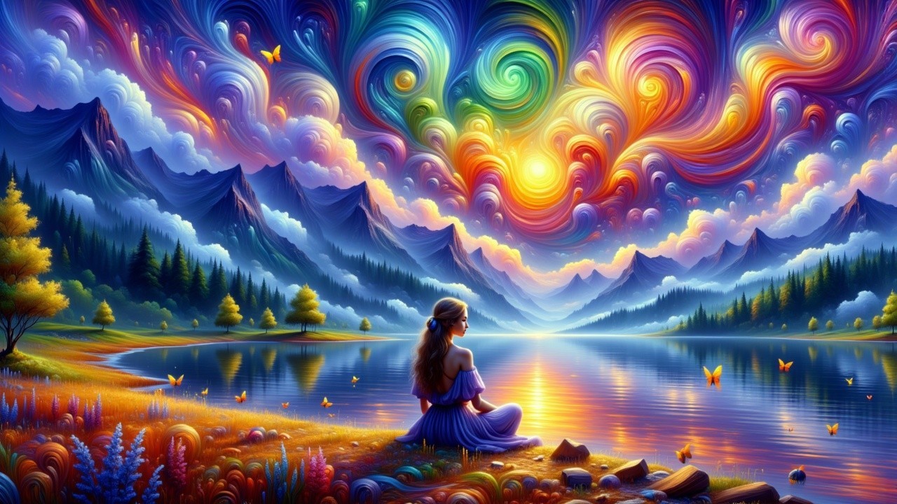 Vibrant Sunset Over Tranquil Lake and Mountains