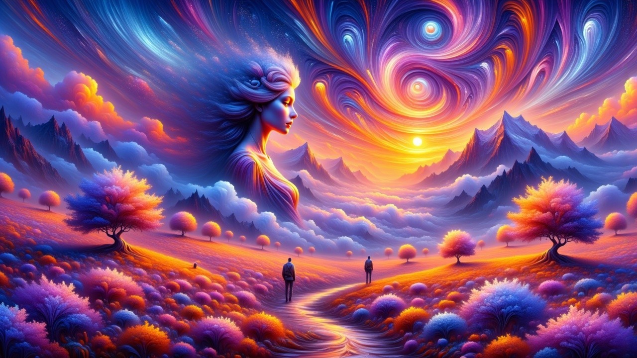 Surreal Landscape with Colorful Sky and Dreamy Valley