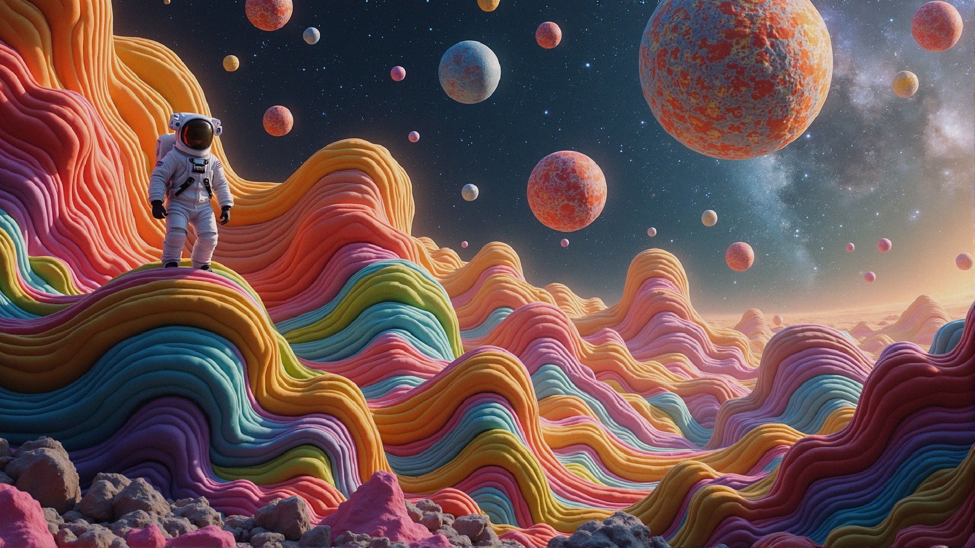Astronaut on Vibrant, Cosmic Landscape with Galaxies