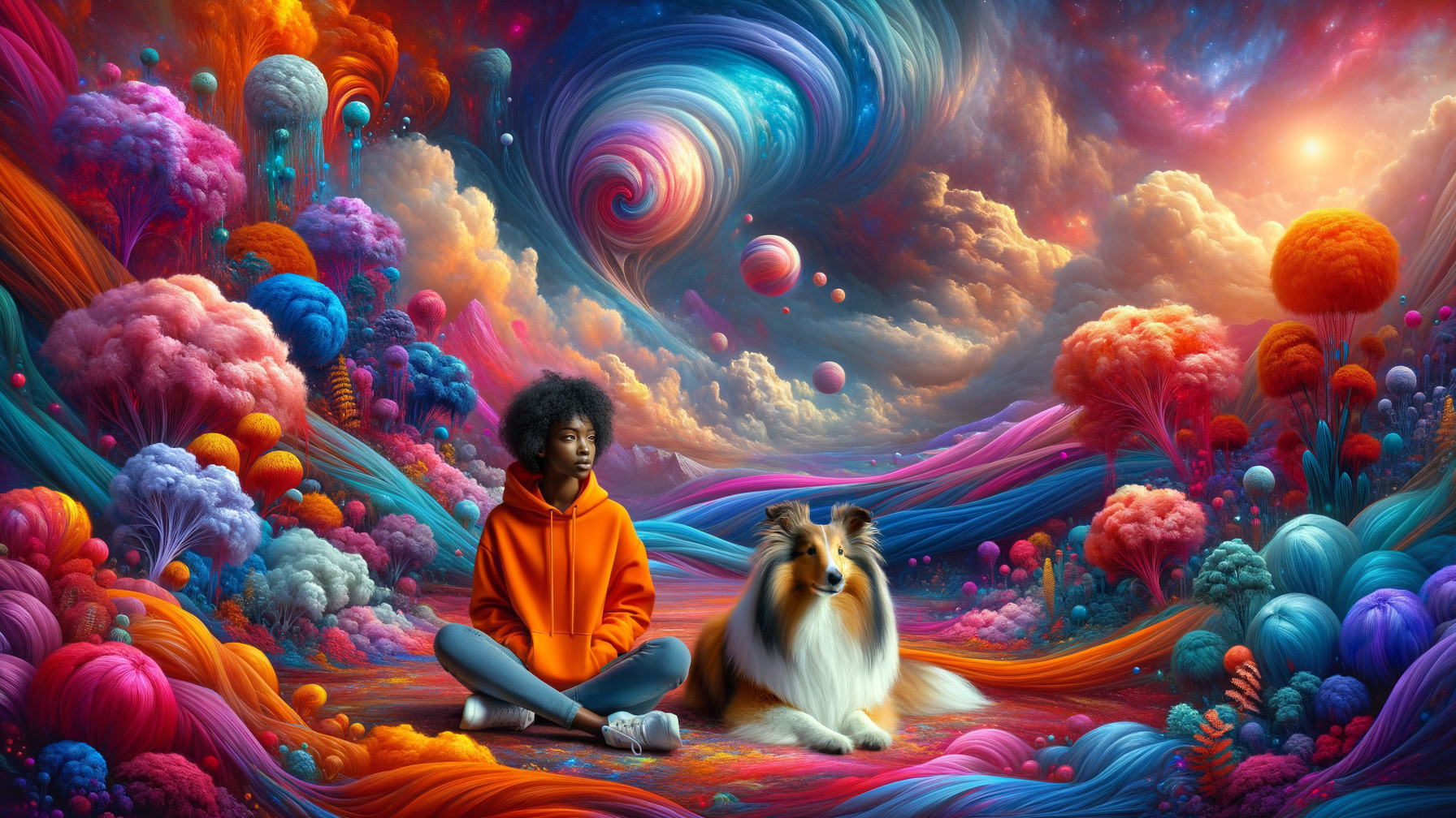 Young woman in vibrant landscape with collie dog