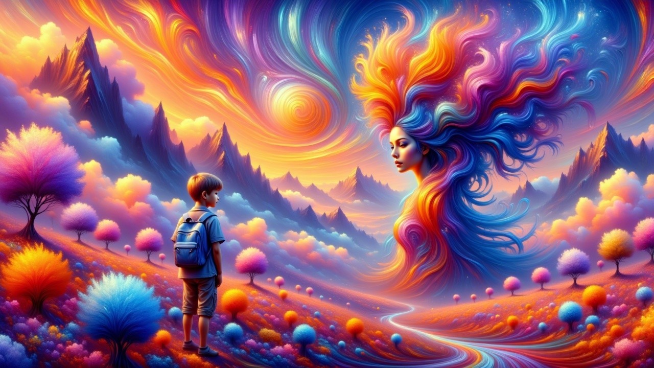Surreal Landscape with Majestic Figure and Boy