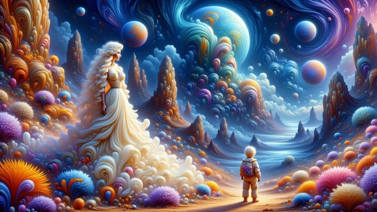 Child in Spacesuit Observes Ethereal Cosmic Figure