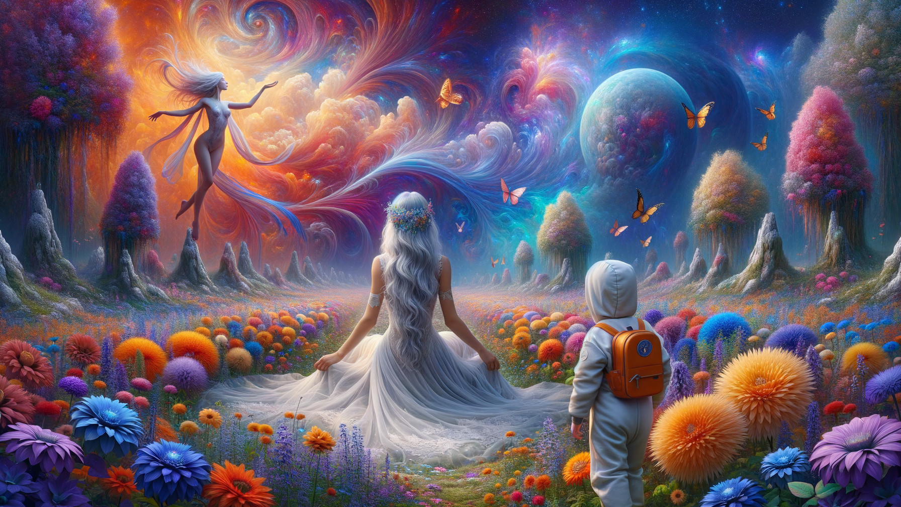 Otherworldly Landscape with Colorful Flowers and Figures
