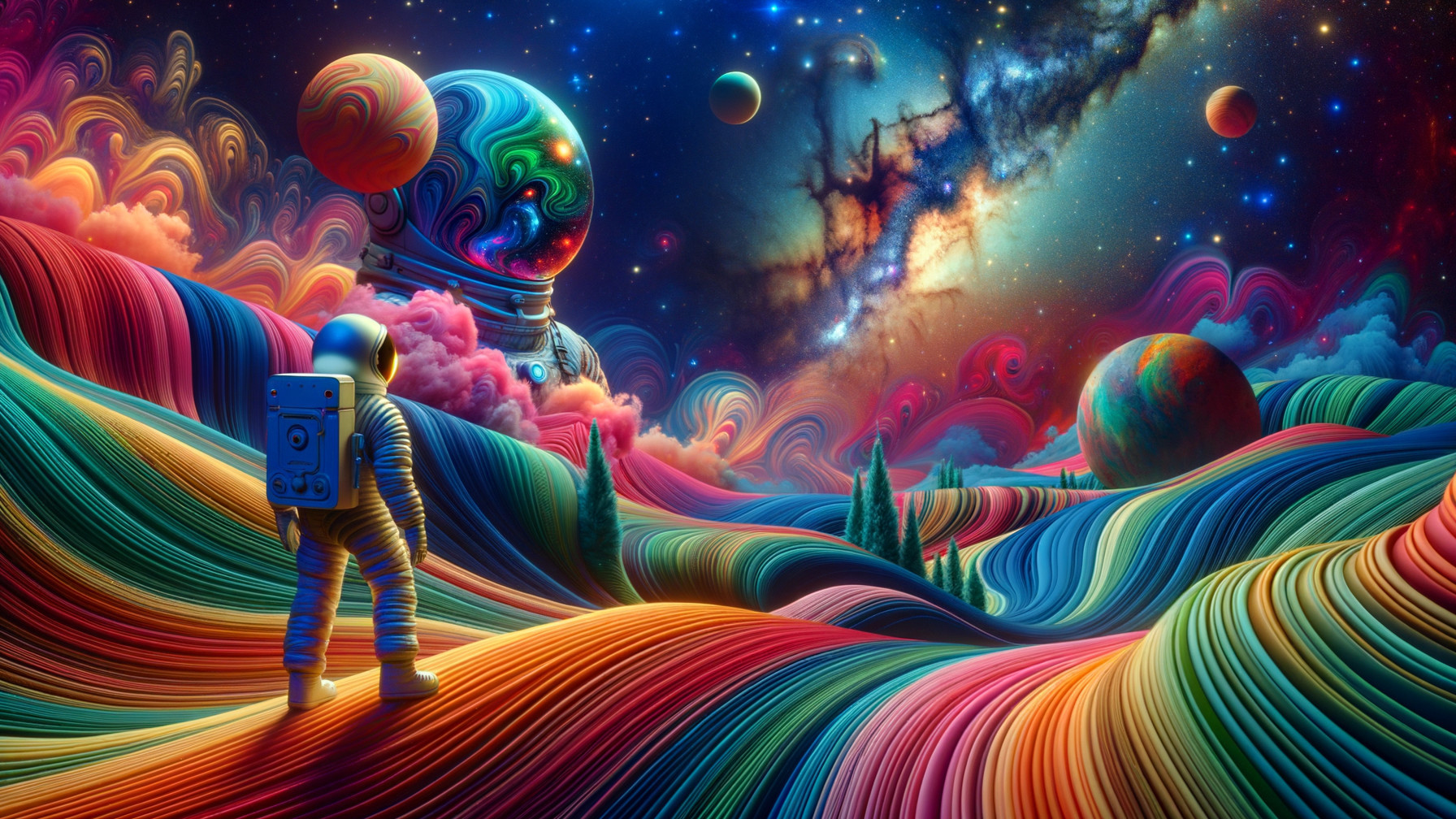 Astronaut in Surreal Landscape with Cosmic Elements