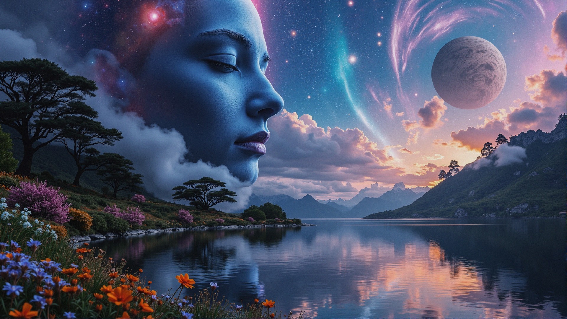 Tranquil Lake and Cosmic Landscape with Ethereal Woman