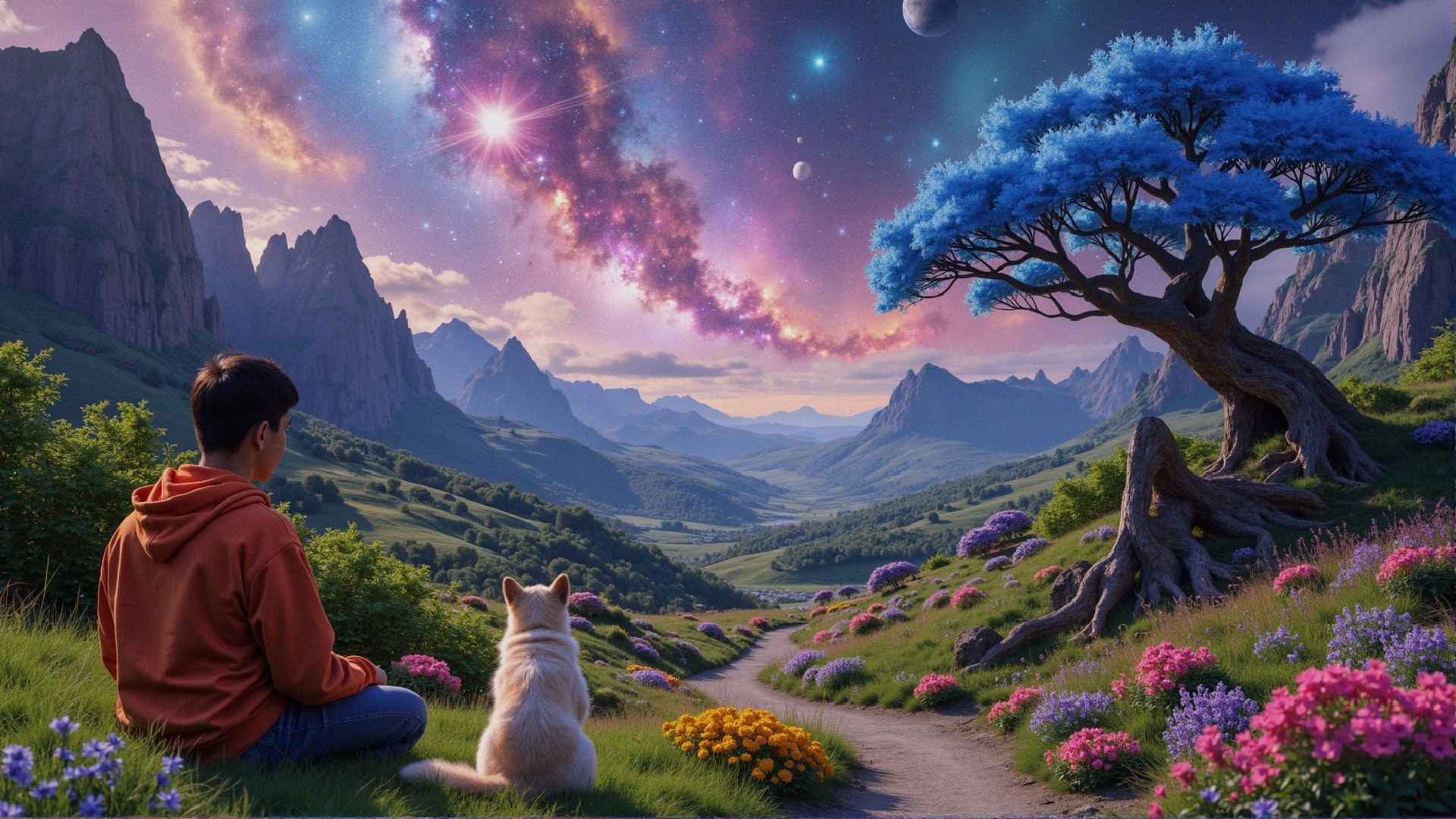 Surreal Landscape with Young Person and Golden Dog