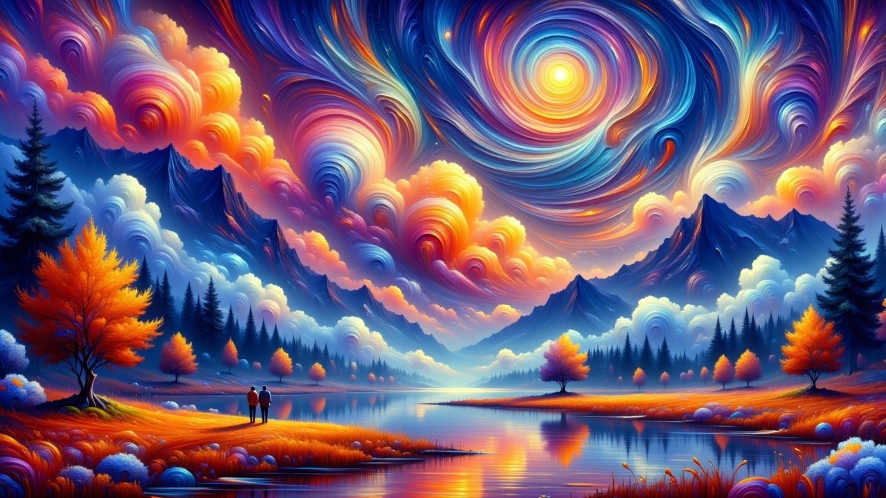 Surreal Landscape with Colorful Sky and Serene Lake