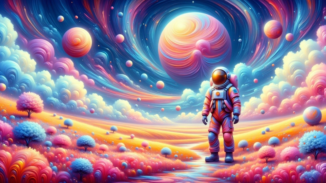 Surreal Landscape with Astronaut and Colorful Terrain