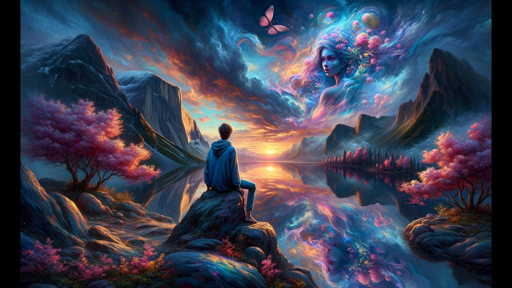Serene Sunset Landscape with Ethereal Elements