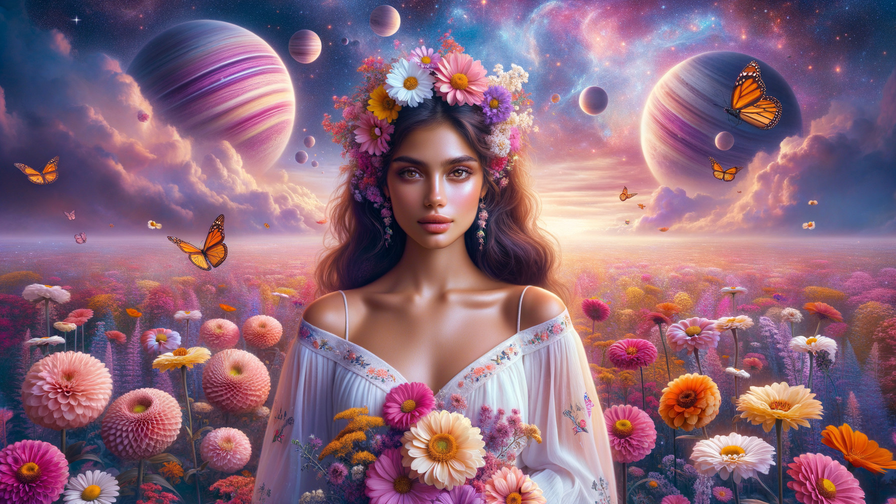 Woman with Floral Crown in a Surreal Flower Field