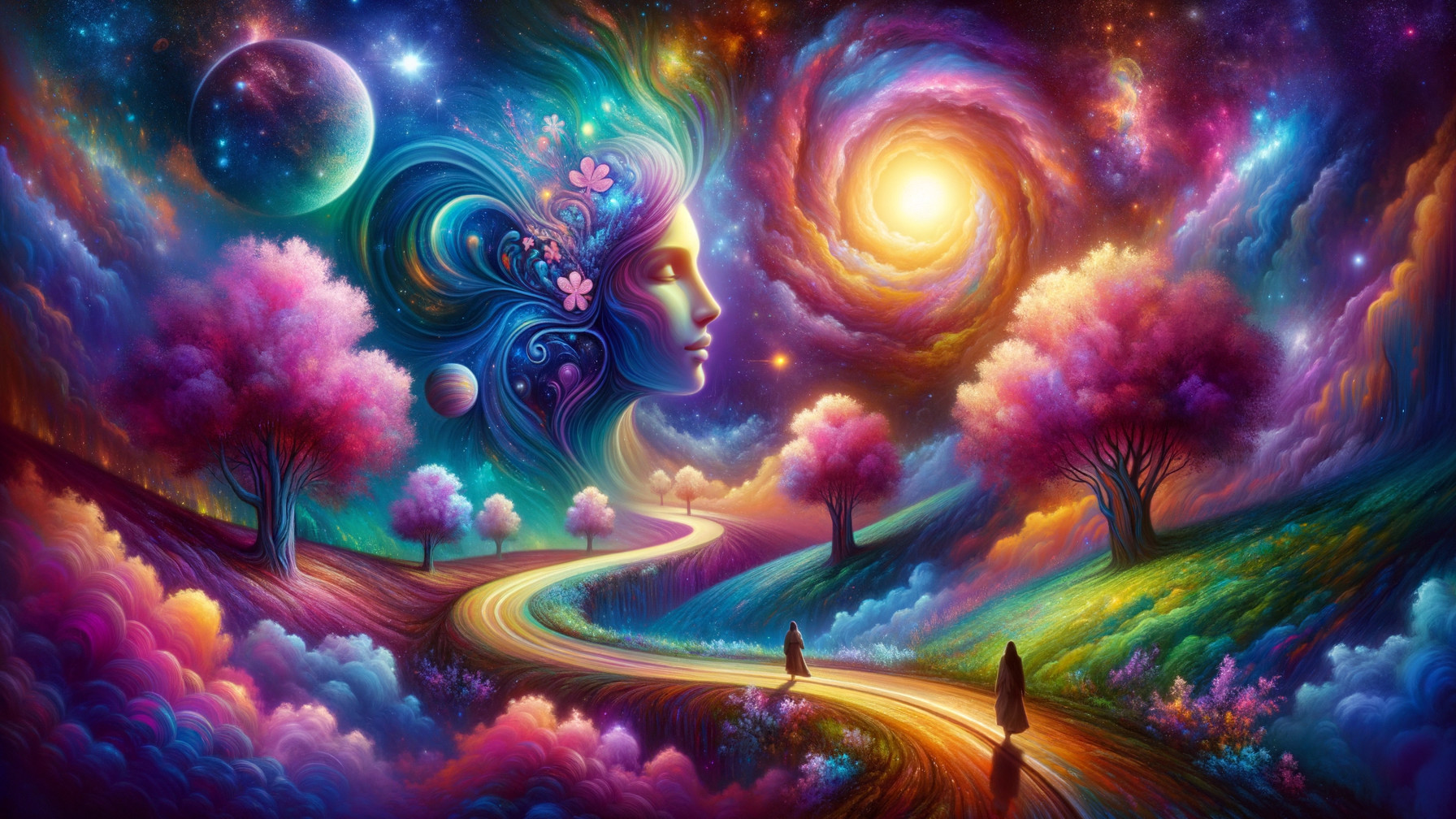 Surreal Cosmic Landscape with Ethereal Face and Stars