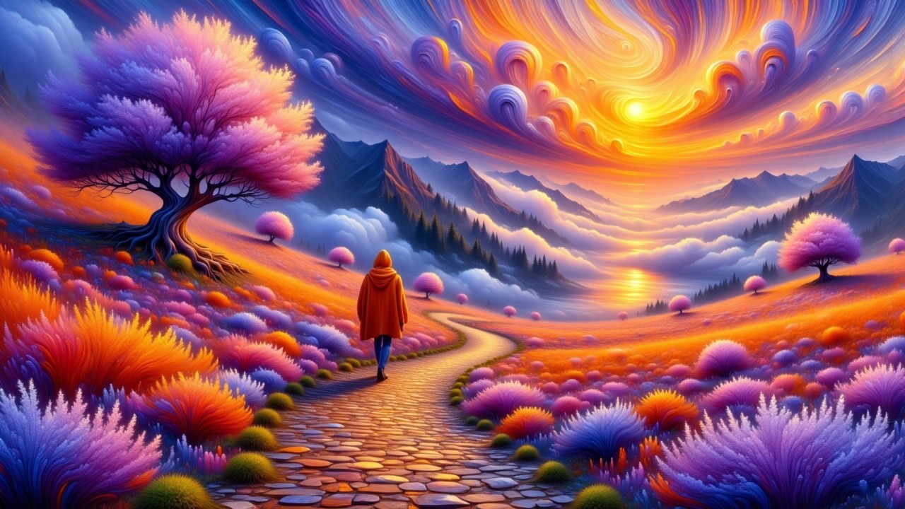 Vibrant Landscape with Sunset and Cobblestone Path