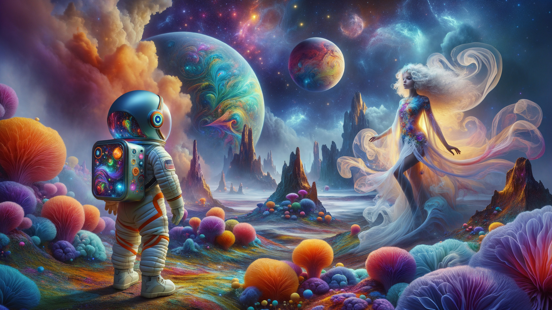Astronaut Observes Colorful Alien Landscape and Galaxies