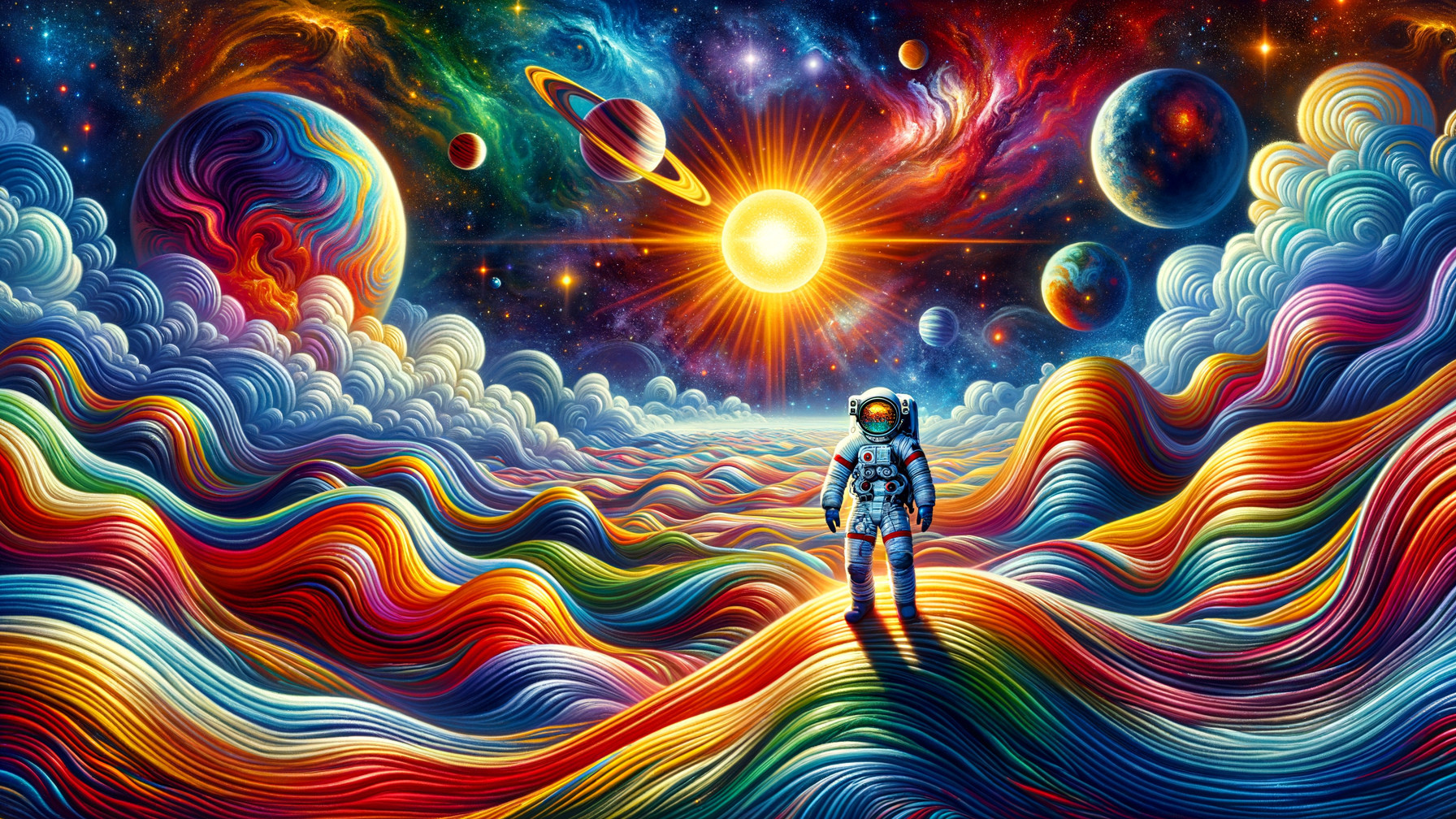 Vibrant Cosmic Landscape with Astronaut and Planets