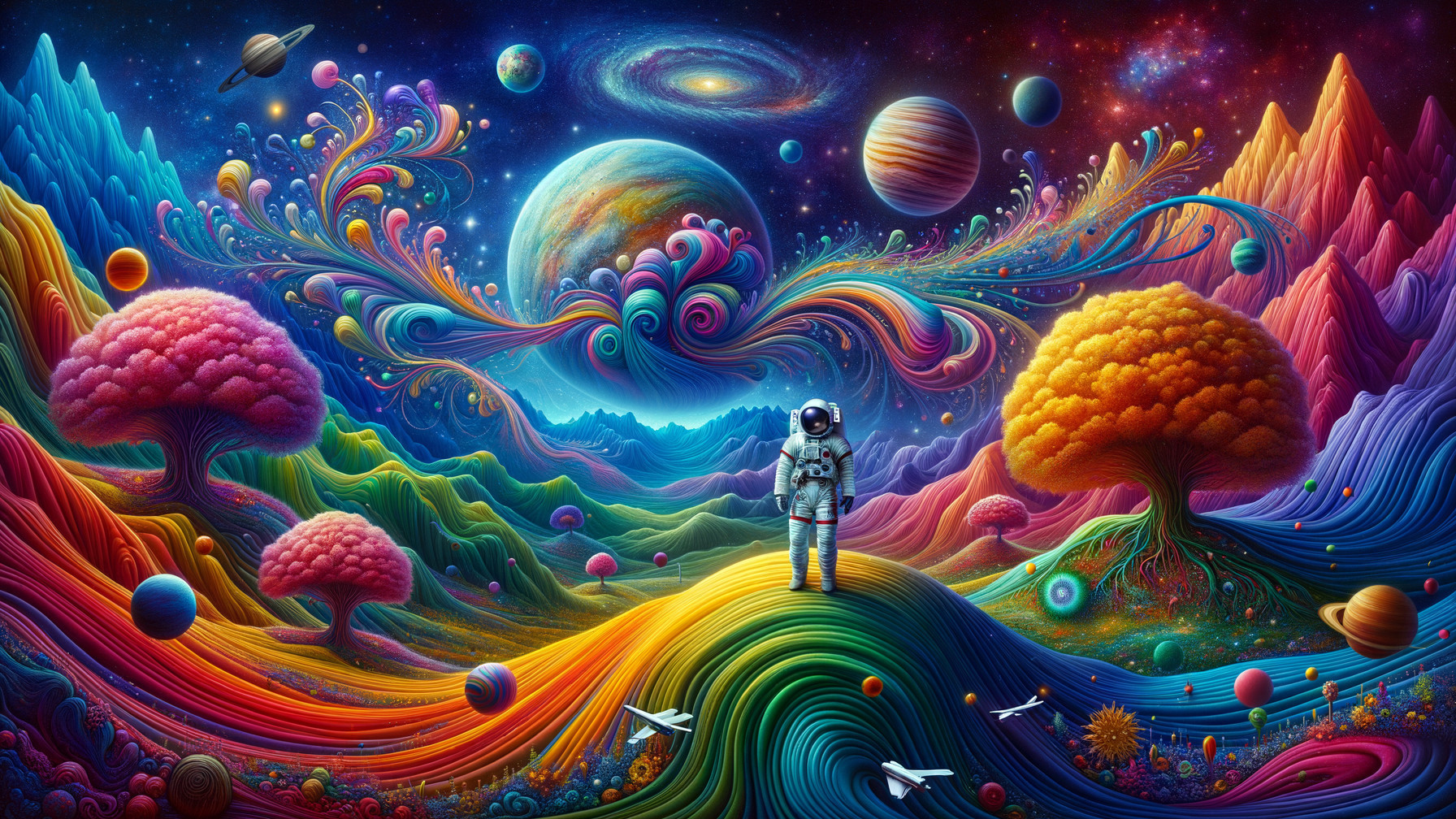 Vibrant Cosmic Landscape with Galaxies and Planets