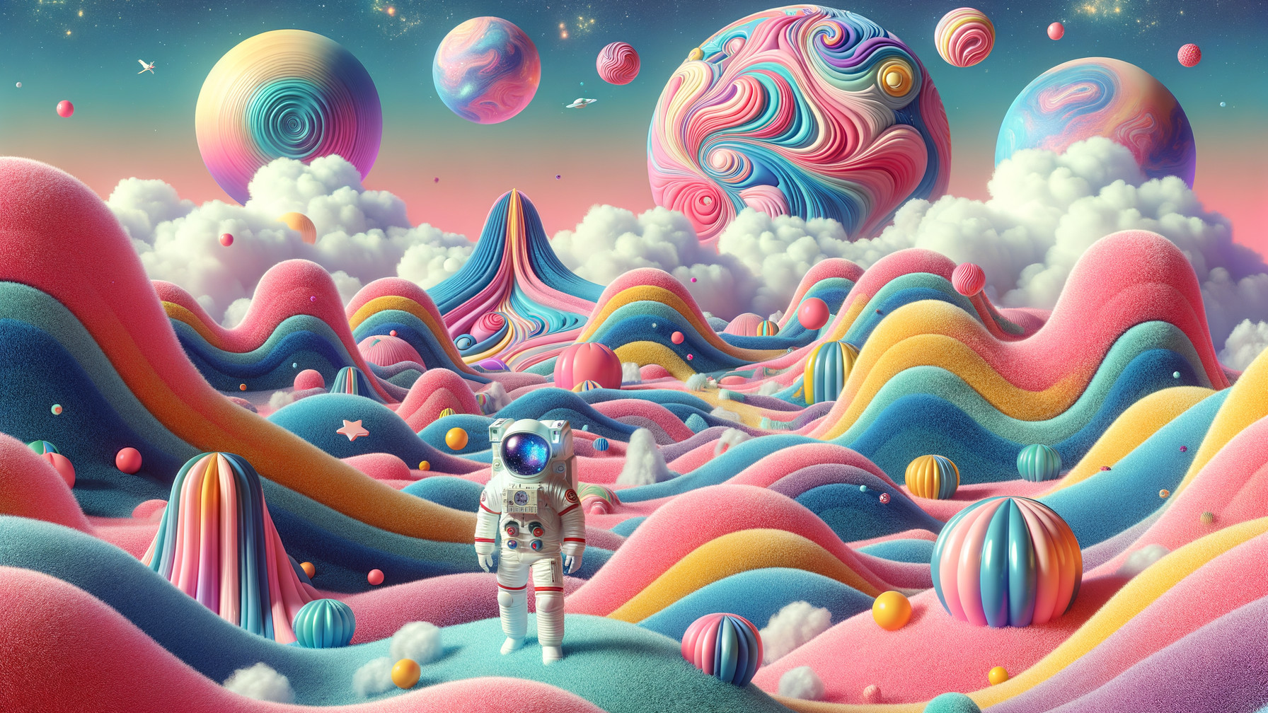 Whimsical Landscape with Vibrant Colors and Astronaut