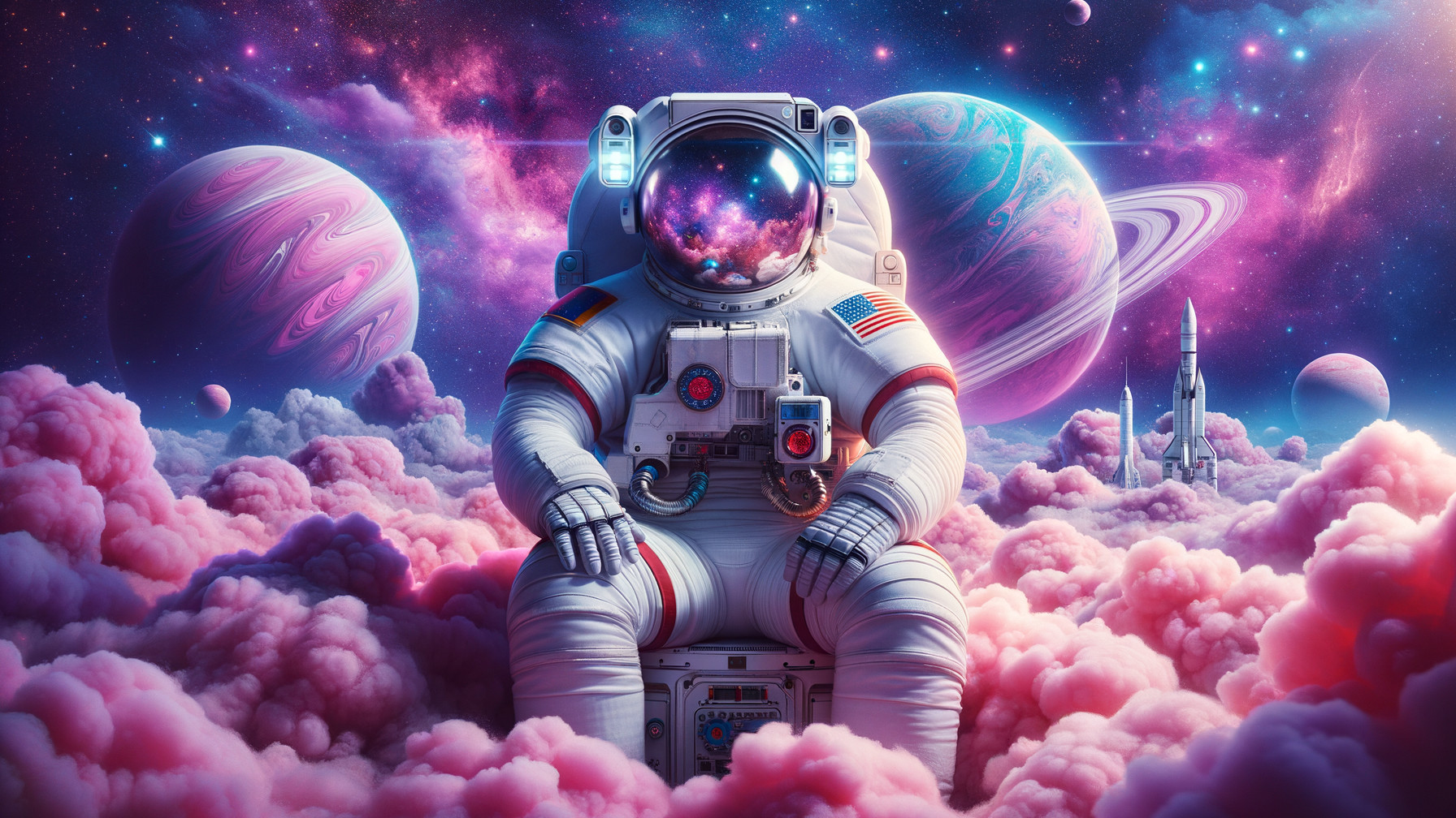 Astronaut Surrounded by Cosmic Clouds and Planets