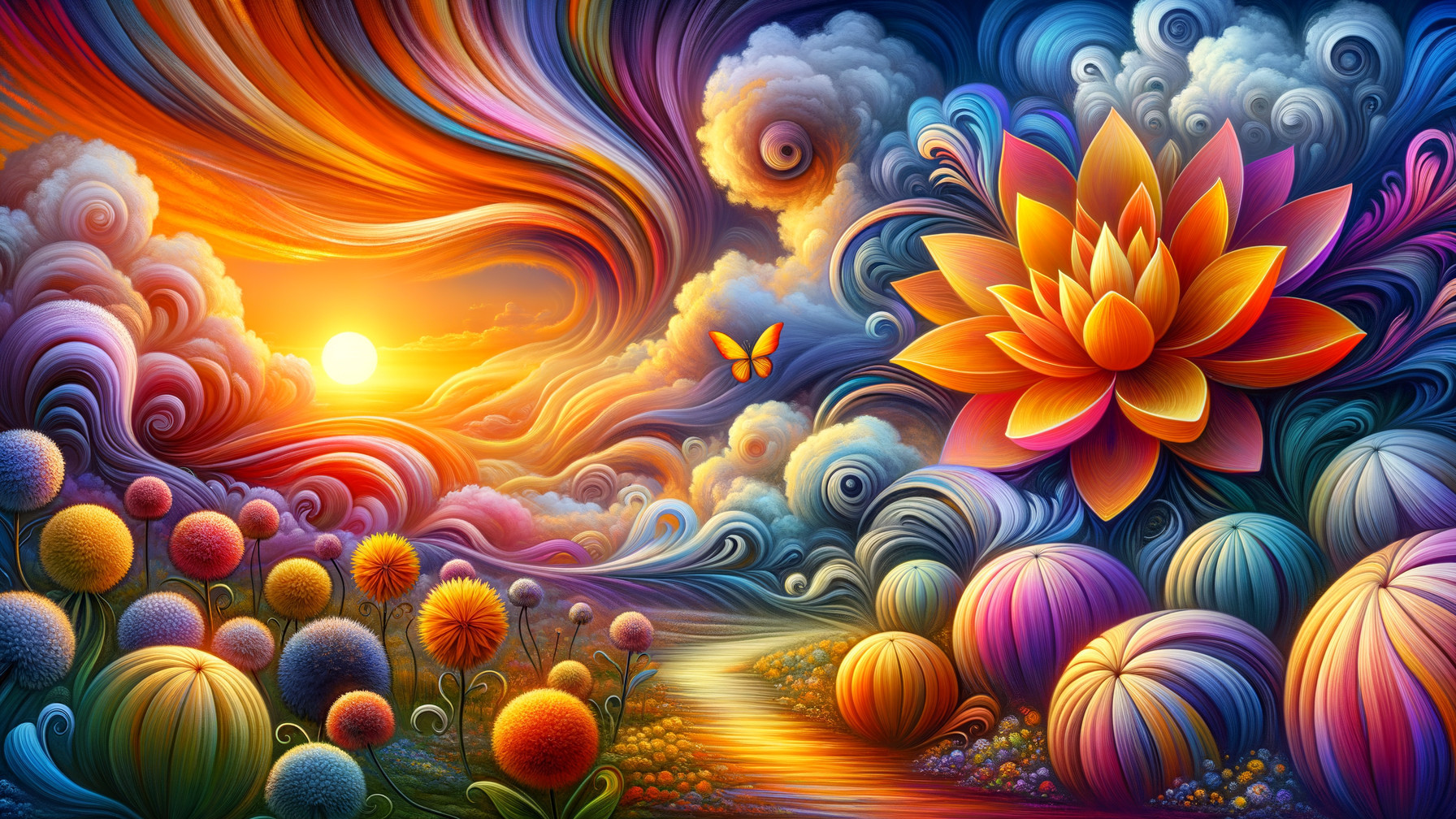 Vibrant Sunset Over Surreal Landscape with Lotus and Butterflies